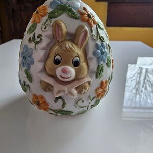 Hand-Painted Bunny Egg Figurine - White with Pastel Flowers